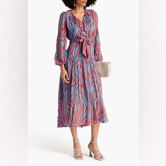 🌟SUPER SALE🌟 Diane Von Furstenberg JAXSON RUFFLED PRINTED CREPE DE CHINE DRESS - Picture 3 of 10